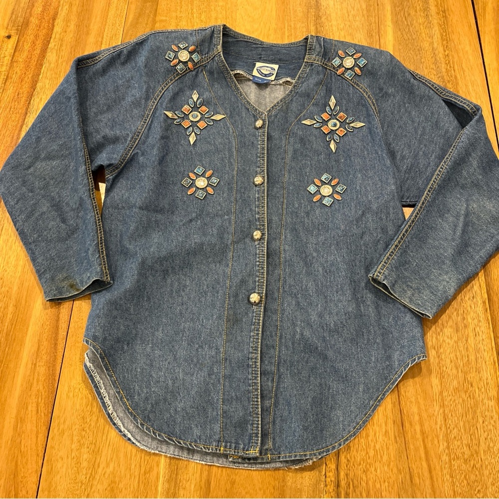 Bingo Bingo VTG 90s Denim Button Up Western Shirt Beaded coastal Cowgirl boho 6P